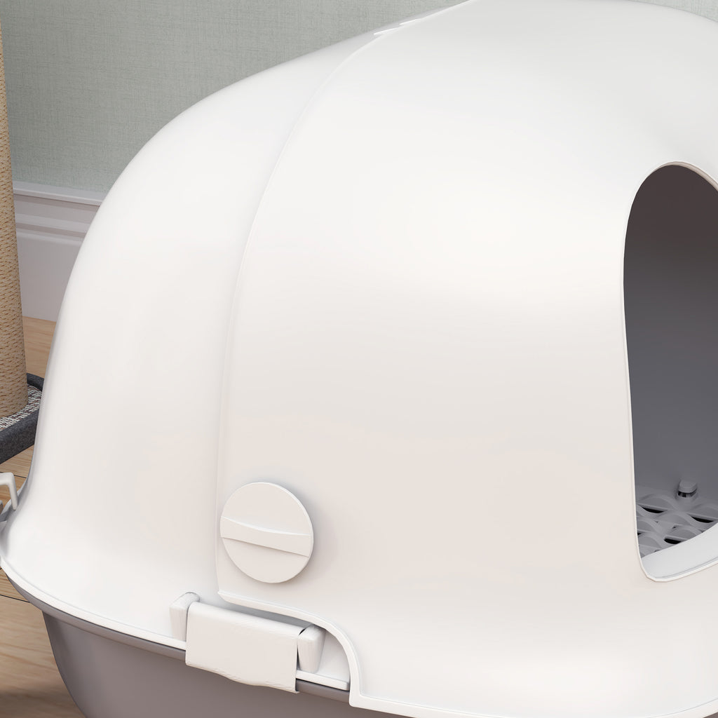 Closed Cat Litter Box with Cat Flap and Scoop, in PP, 58x46x39 cm, Light Gray and White