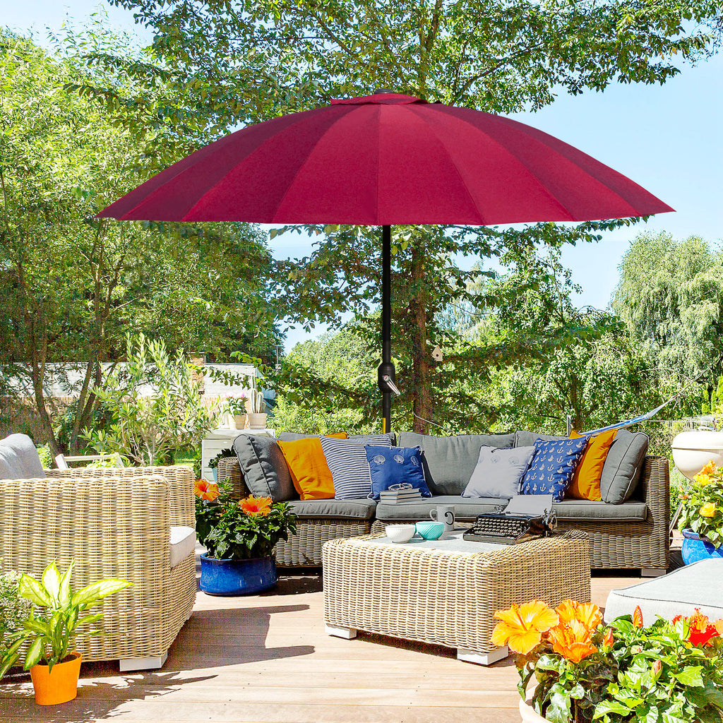 18-Ribbed Folding Round Umbrella with Crank Handle, Metal and Polyester, Ø250x240 cm, Wine Red