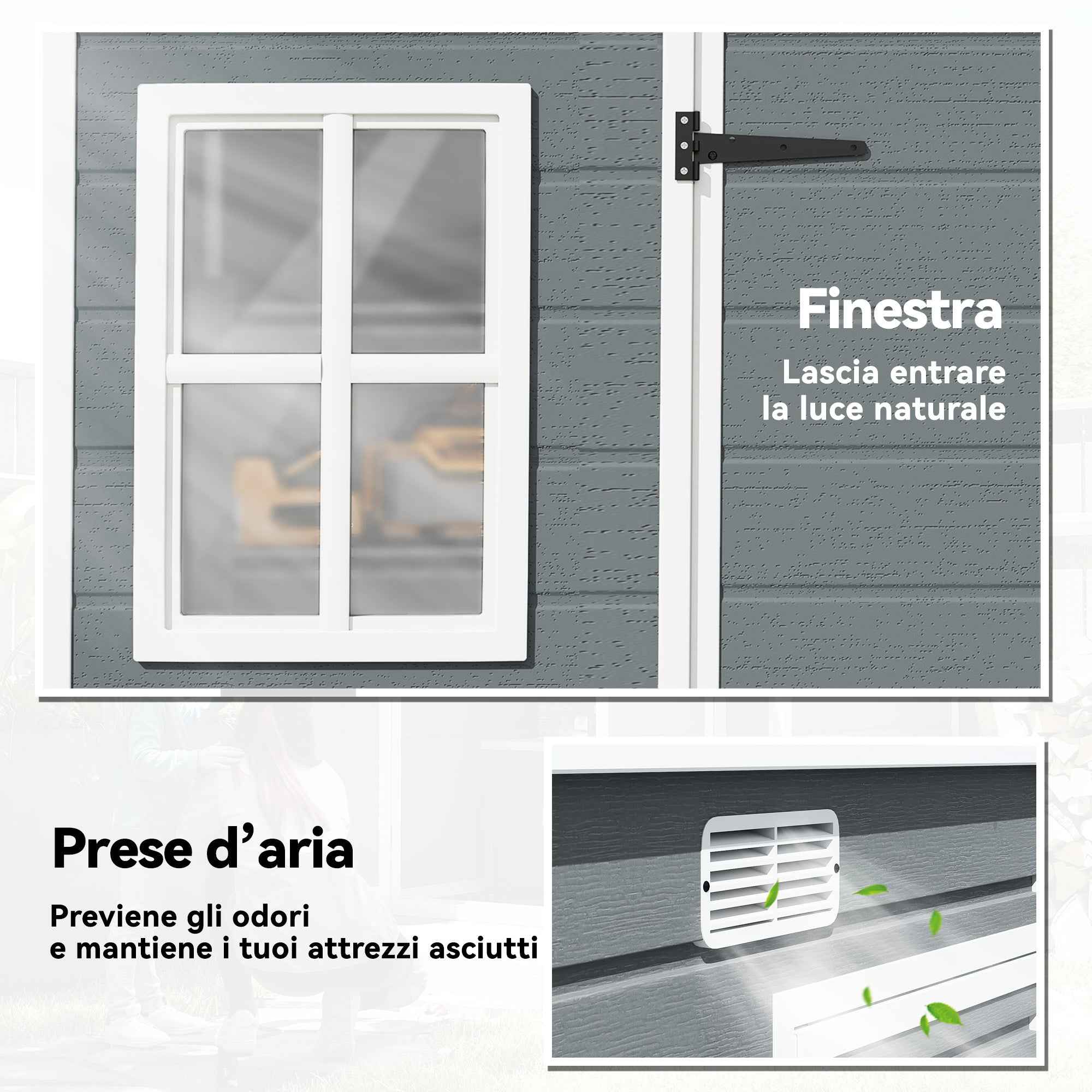Outsunny 2-Door Tool Shed with Windows and Air Vents, Made of PP and Aluminum, 303x183x184 cm, Gray