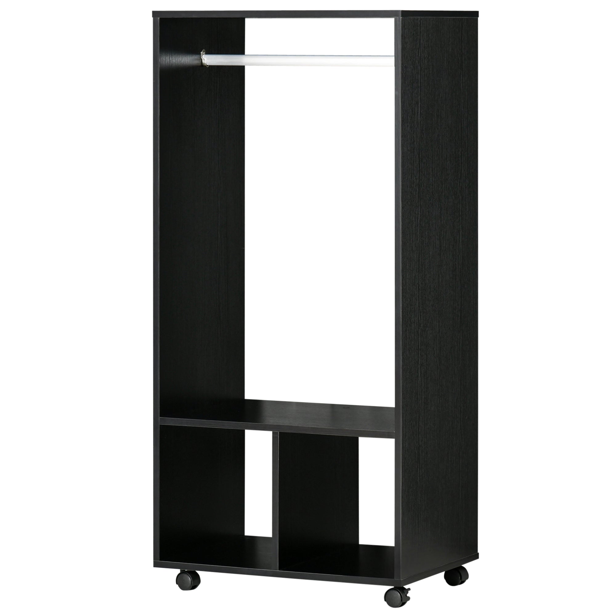 Coat Stand with Aluminum Bar and 2 Open Shelves, Chipboard, 60x40x128 cm, Black