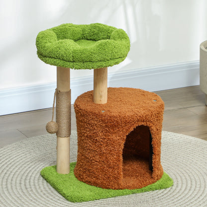 Cat Scratching Tree with House, Bed and Toy Ball, Made of Wood and Plush, 44x33x61 cm, Green