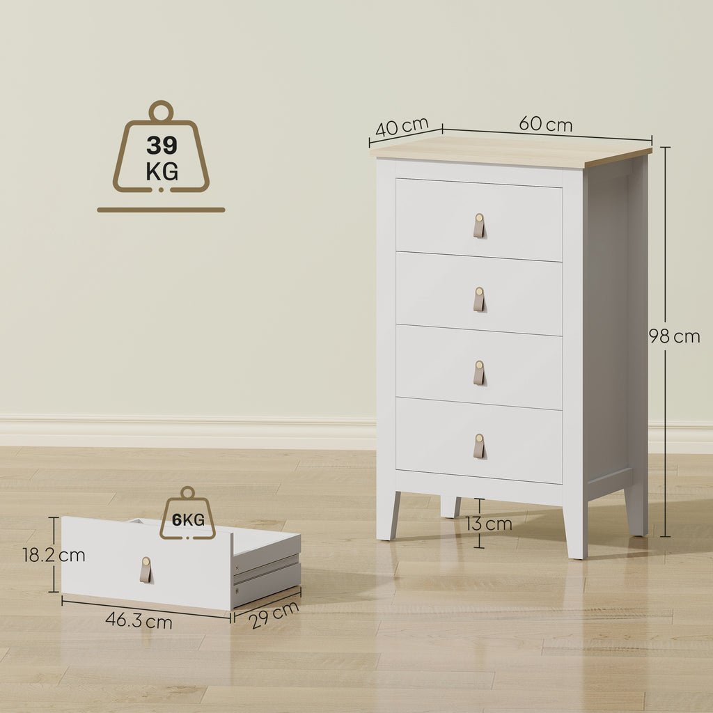 4-Drawer Bedroom Chest with Faux Leather Handles, 60x40x98cm, White