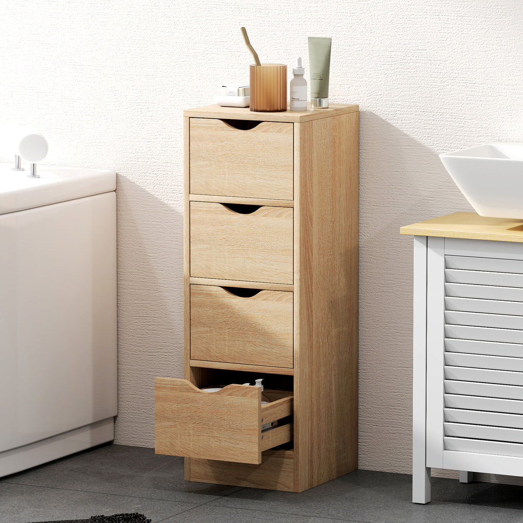 Space-Saving Bathroom Cabinet with 4 Drawers and Carved Handles in Nordic Style, 29x29x83 cm, Natural Wood