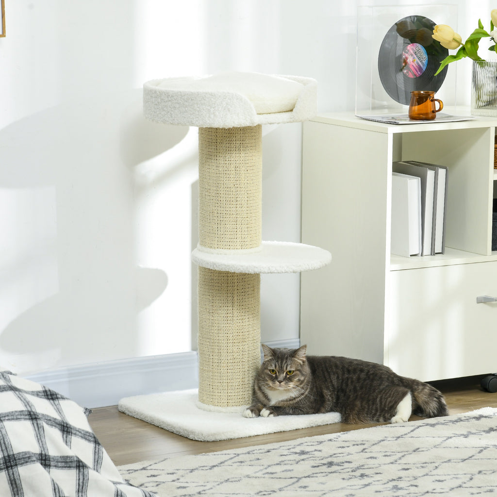 PawHut Cat Scratching Post with Bed, Plush Cover and Sisal Pole, 45x45x91cm, Cream