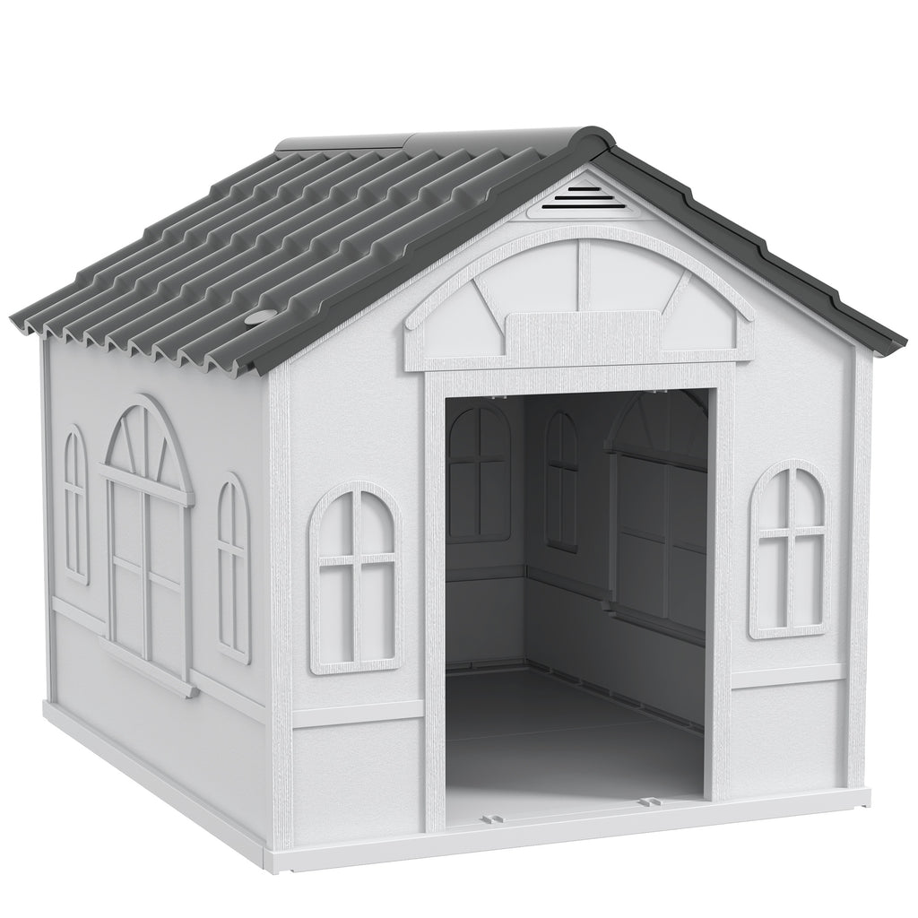 Waterproof PP Dog House with Sloped Roof and Entrance Door, 84.2 x 98.2 x 82 cm, Grey