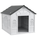 Waterproof PP Dog House with Sloped Roof and Entrance Door, 84.2 x 98.2 x 82 cm, Grey