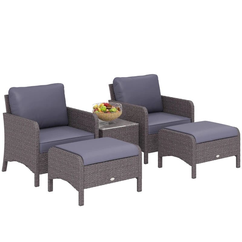 Garden Furniture Set 2 Armchairs 2 Footstools 1 Coffee Table in Tempered Glass Rattan Grey - Borge' Group Limited