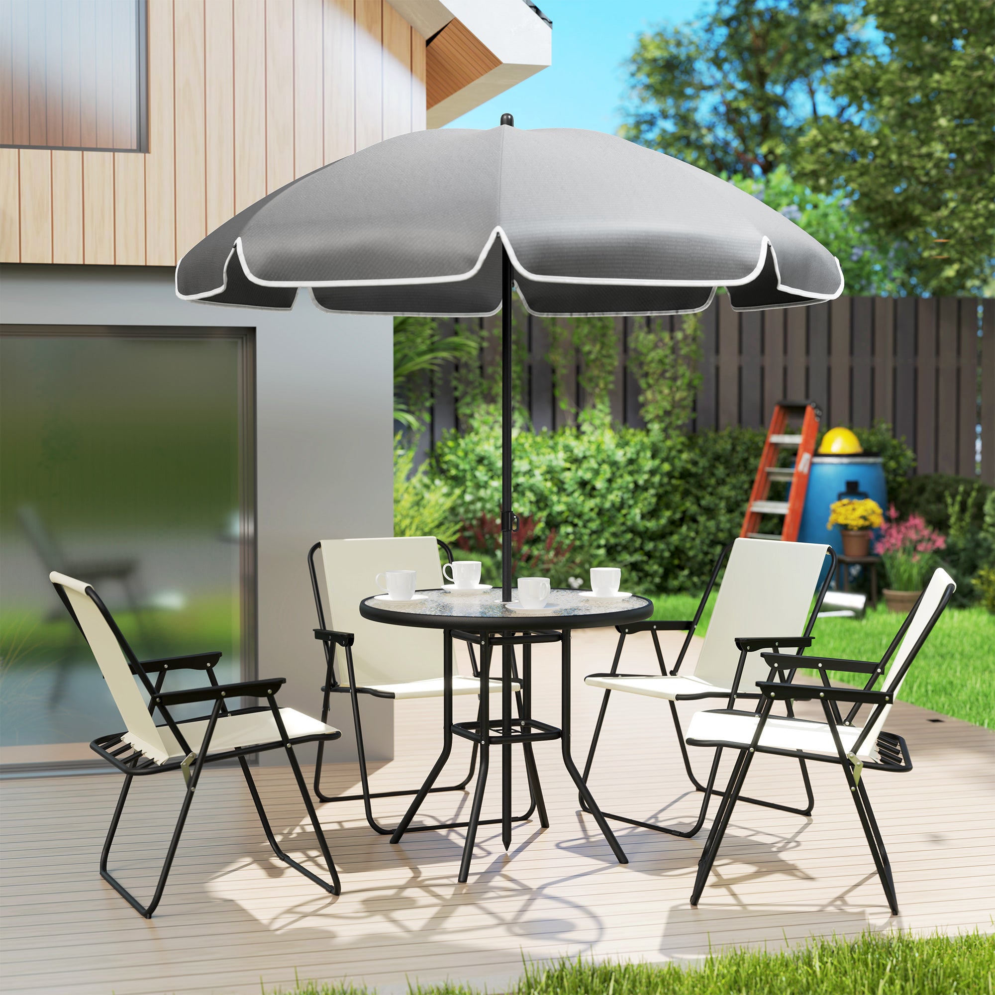 6 Piece Steel Garden Set with 4 Folding Chairs, Umbrella and Round Table, Cream, Grey and Black
