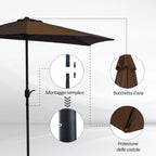 Space-Saving Mezzaluna Wall Umbrella with Crank Opening, Coffee