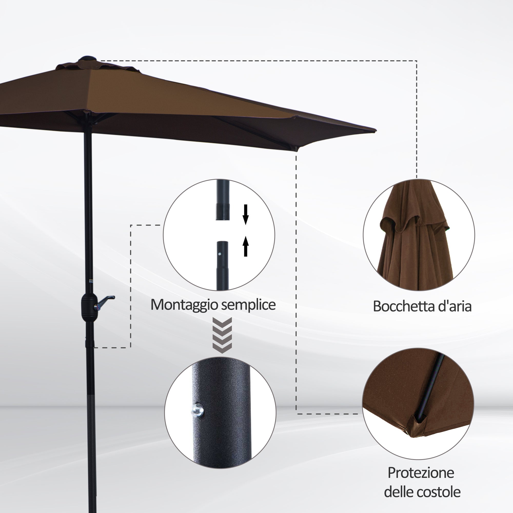 Space-Saving Mezzaluna Wall Umbrella with Crank Opening, Coffee