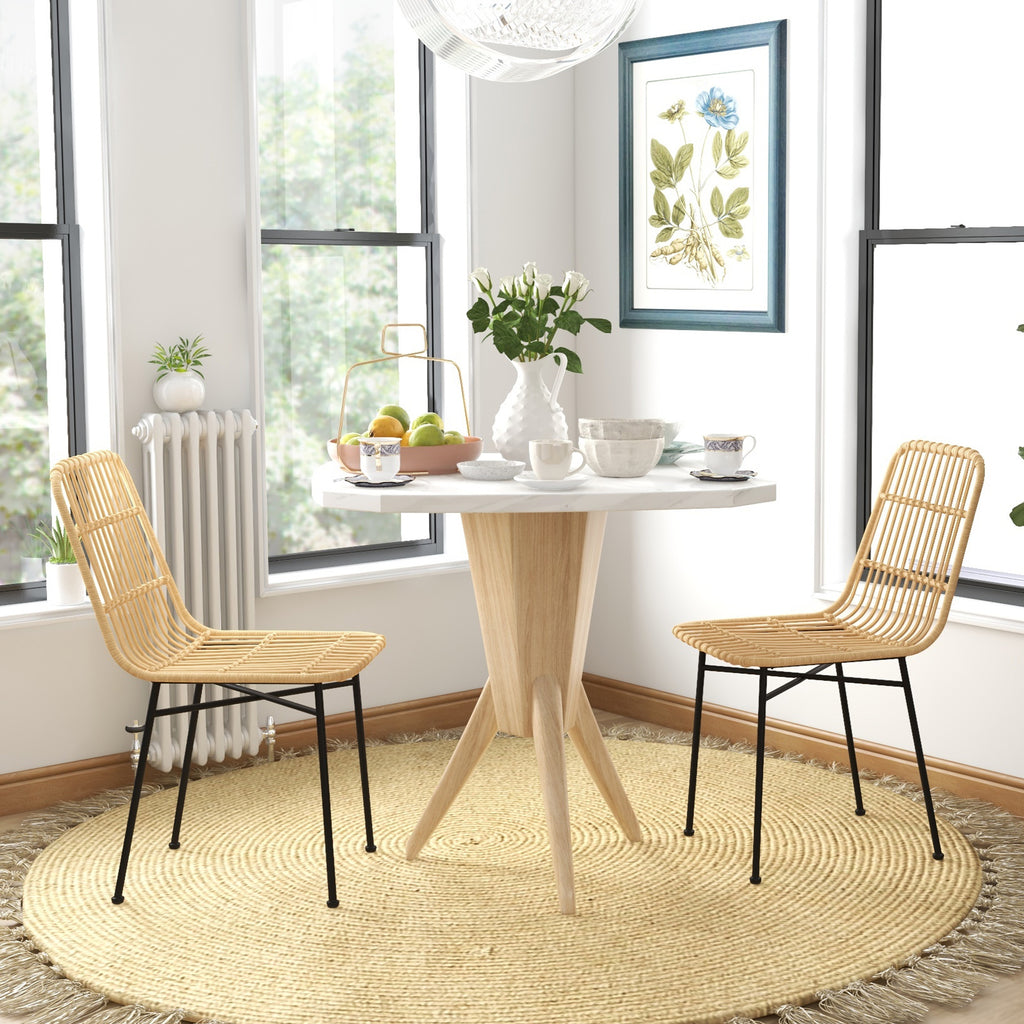 HOMCOM Set of 2 Boho Style Kitchen and Living Room Chairs in PE Rattan and Steel, 45x57x83 cm, Yellow - Borgè