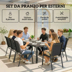 Outsunny 9-Piece Outdoor Set with 8 Stackable Texteline Chairs and Glass-Top Coffee Table, Black
