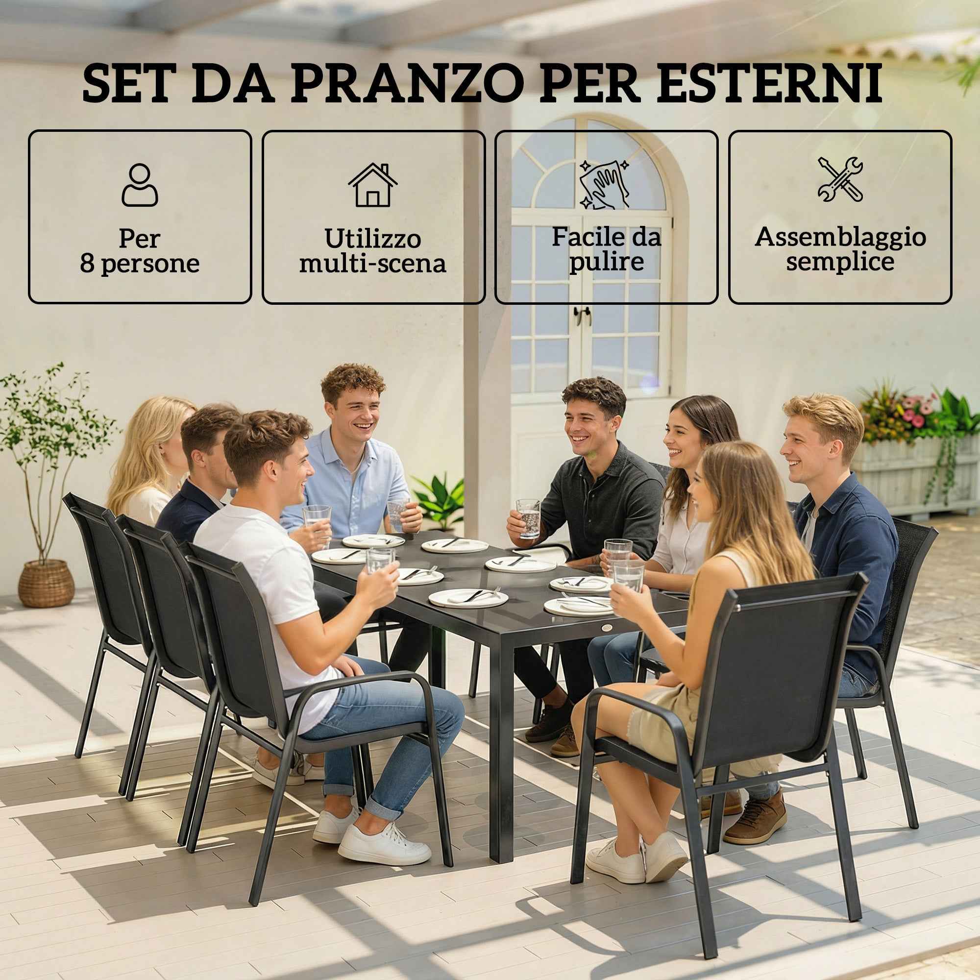 Outsunny 9-Piece Outdoor Set with 8 Stackable Texteline Chairs and Glass-Top Coffee Table, Black