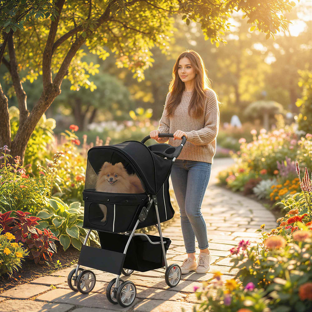 PawHut Folding Dog Stroller with Basket and Cup Holder, Max. Weight 10 kg, 77 x 44 x 102 cm, Black