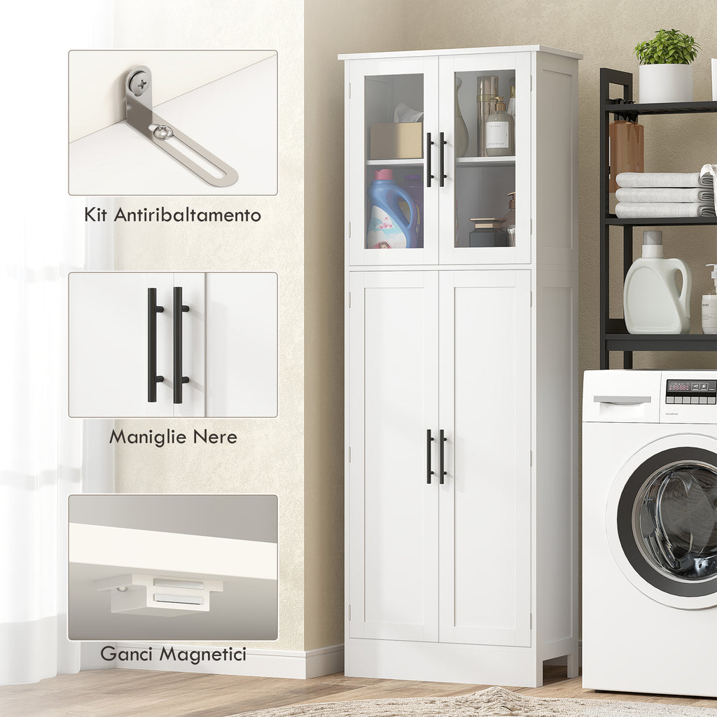 Tall Bathroom Cabinet with Adjustable Shelves, Glass and Wood Doors, 60x30x170 cm, White