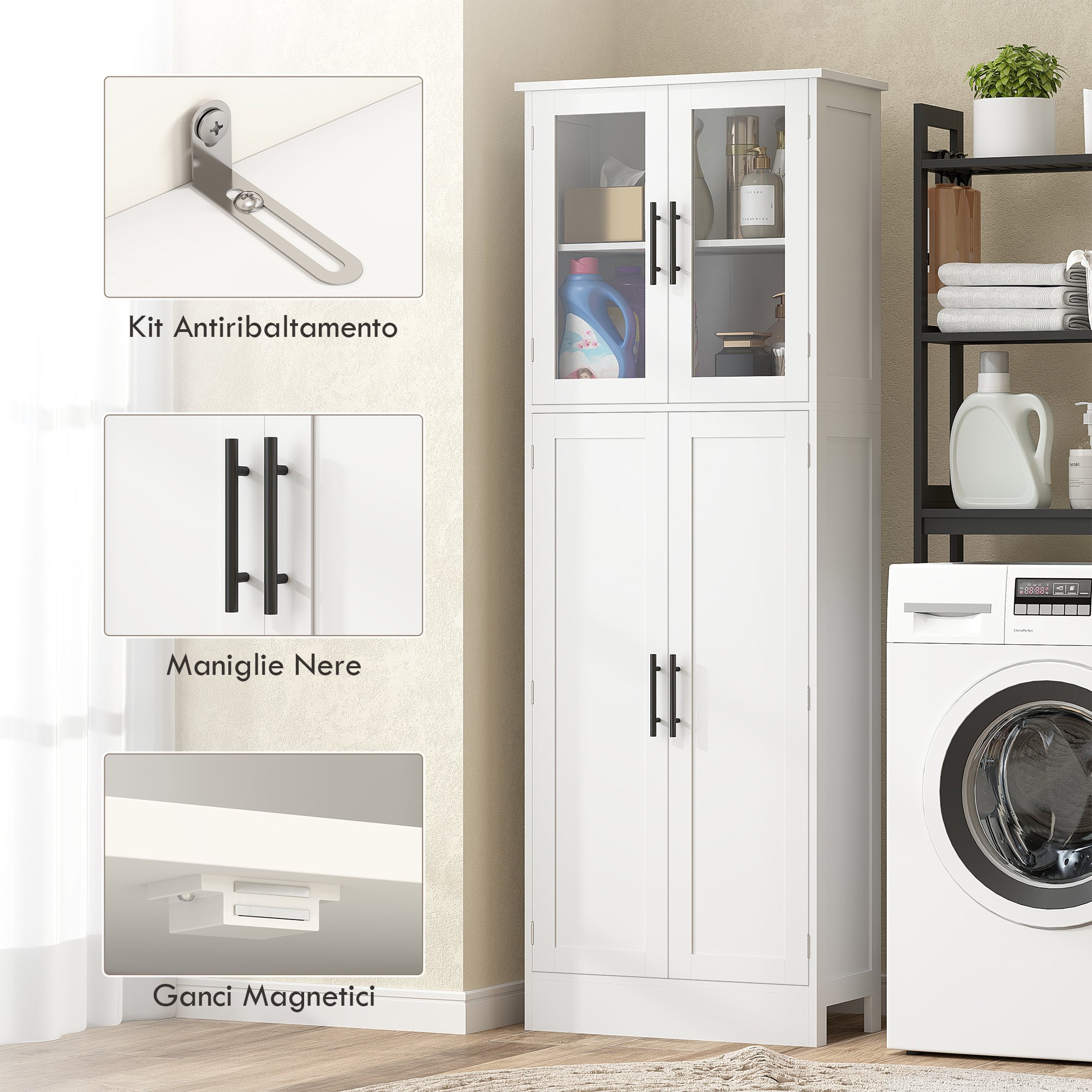 Tall Bathroom Cabinet with Adjustable Shelves, Glass and Wood Doors, 60x30x170 cm, White