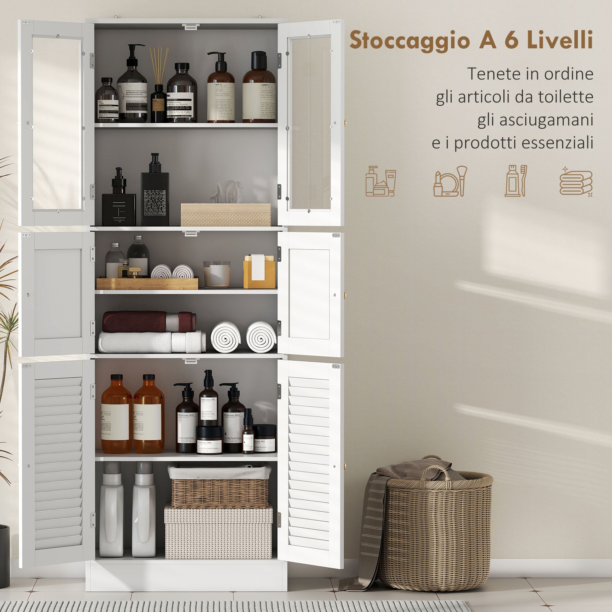 Bathroom Cabinet with 3 Glass and Wood 2-Door Cabinets, Adjustable Shelves, 60x30x170 cm, White