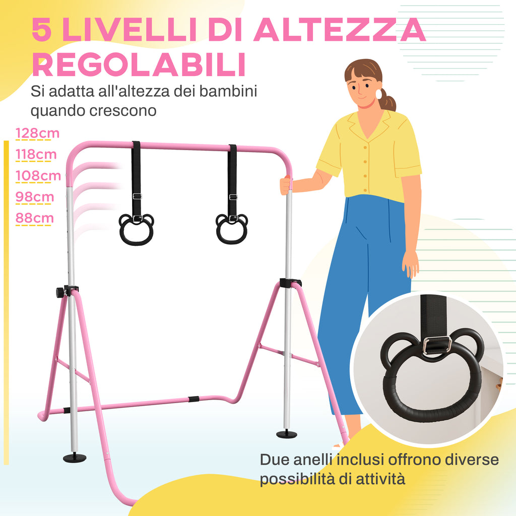Height Adjustable Gymnastics Bar for Children with 2 Rings, Steel, 148x105x88-128 cm, Pink