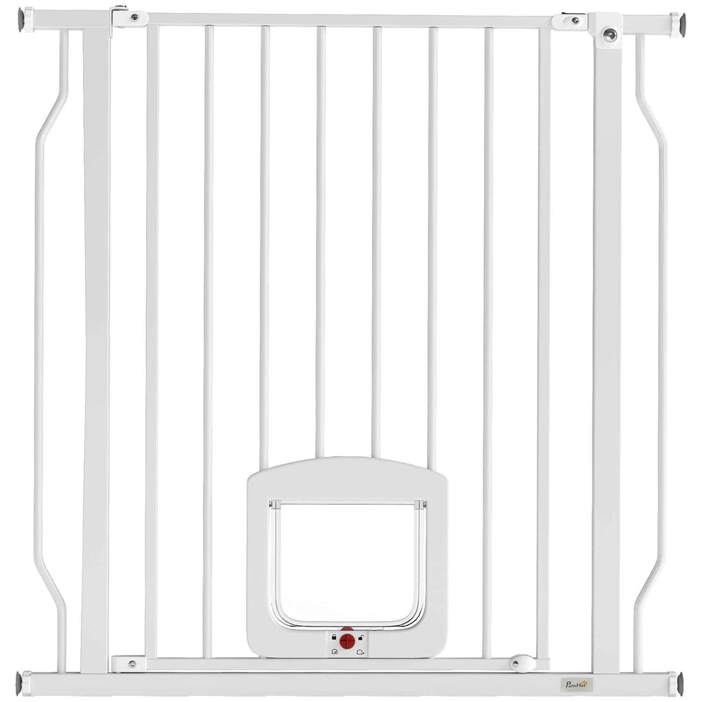 PawHut Extendable Dog and Cat Gate with Integrated Cat Flap, Steel and ABS, 75-85x2x76 cm, White