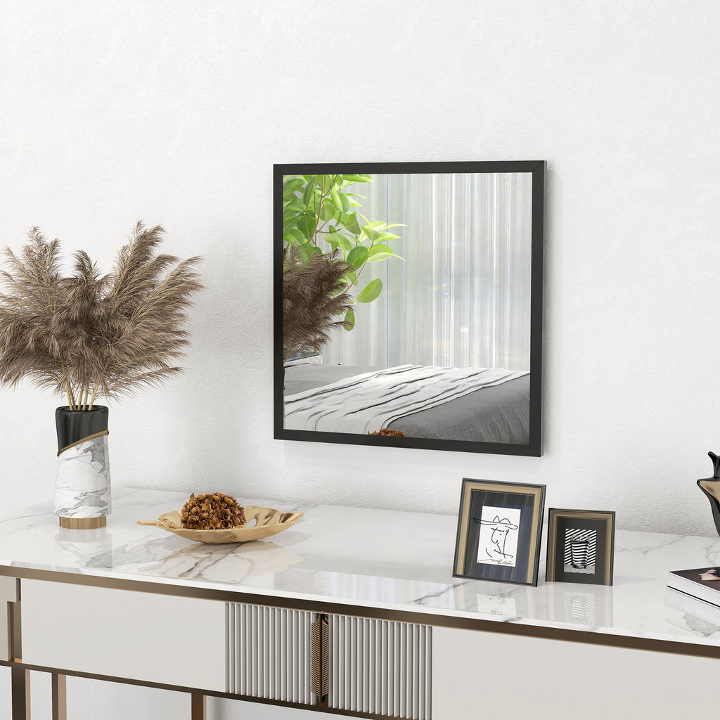 HOMCOM Rectangular Wall Mirror with Hooks, Glass and MDF Wall Mirror, 50x50 cm, Black