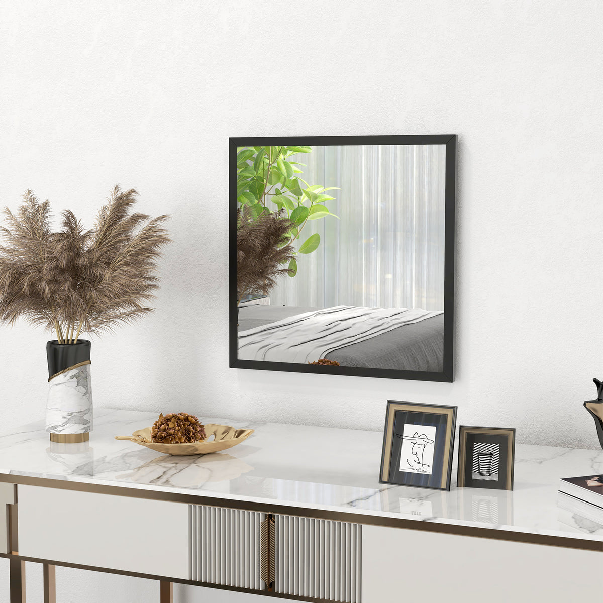 HOMCOM Rectangular Wall Mirror with Hooks, Glass and MDF Wall Mirror, 50x50 cm, Black