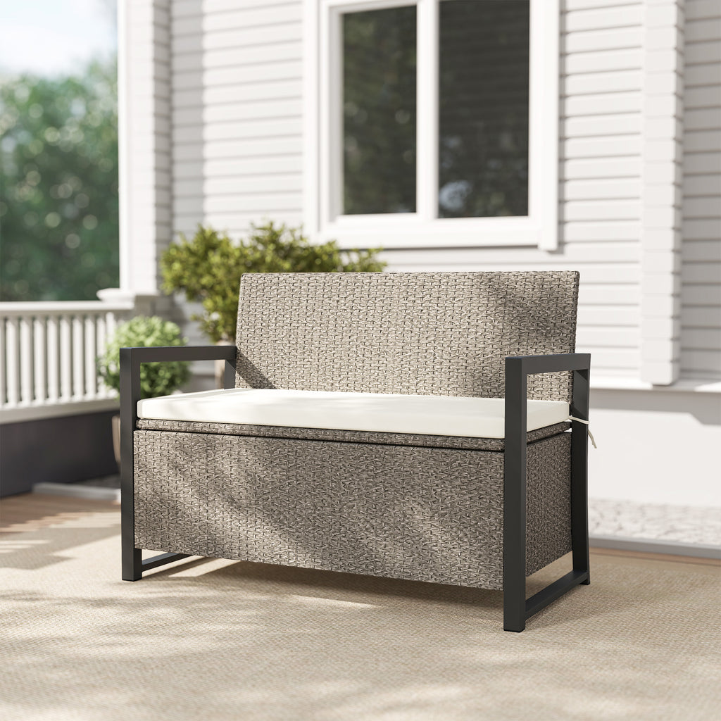 2 Seater Garden Bench with 151.5L Rattan Storage Chest with Backrest, Armrests and Cushion, Cream