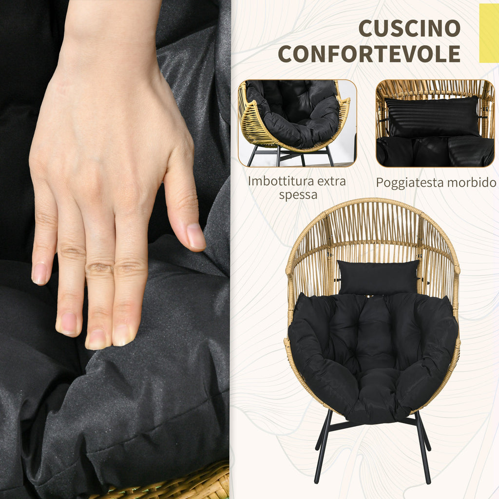 Outsunny Egg-shaped Garden Armchair with Headrest and Seat Cushions, in Rattan and Steel, 89x75x143 cm - Borgè