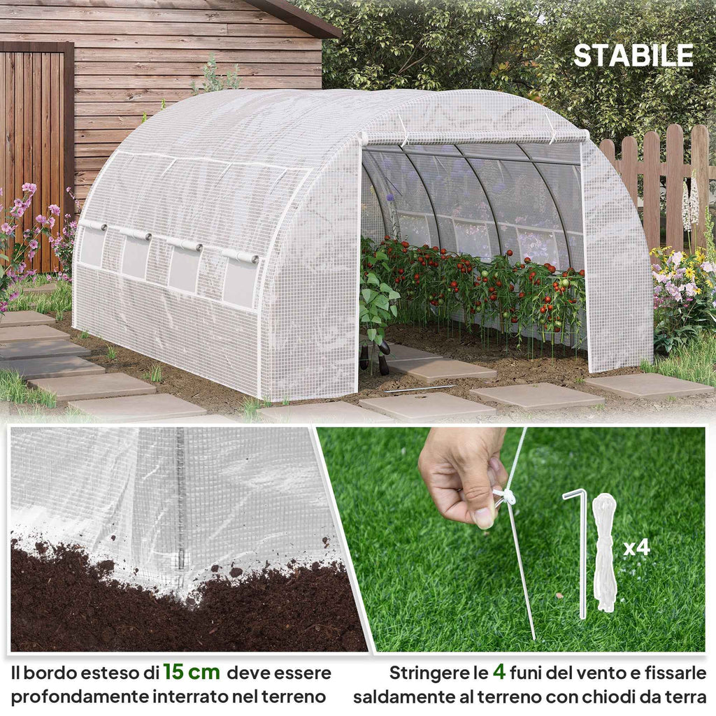 Outsunny Tunnel Greenhouse with Door, Panels and 8 Roller Windows, in Galvanized Steel and PE, 3.97x3x2 m, White