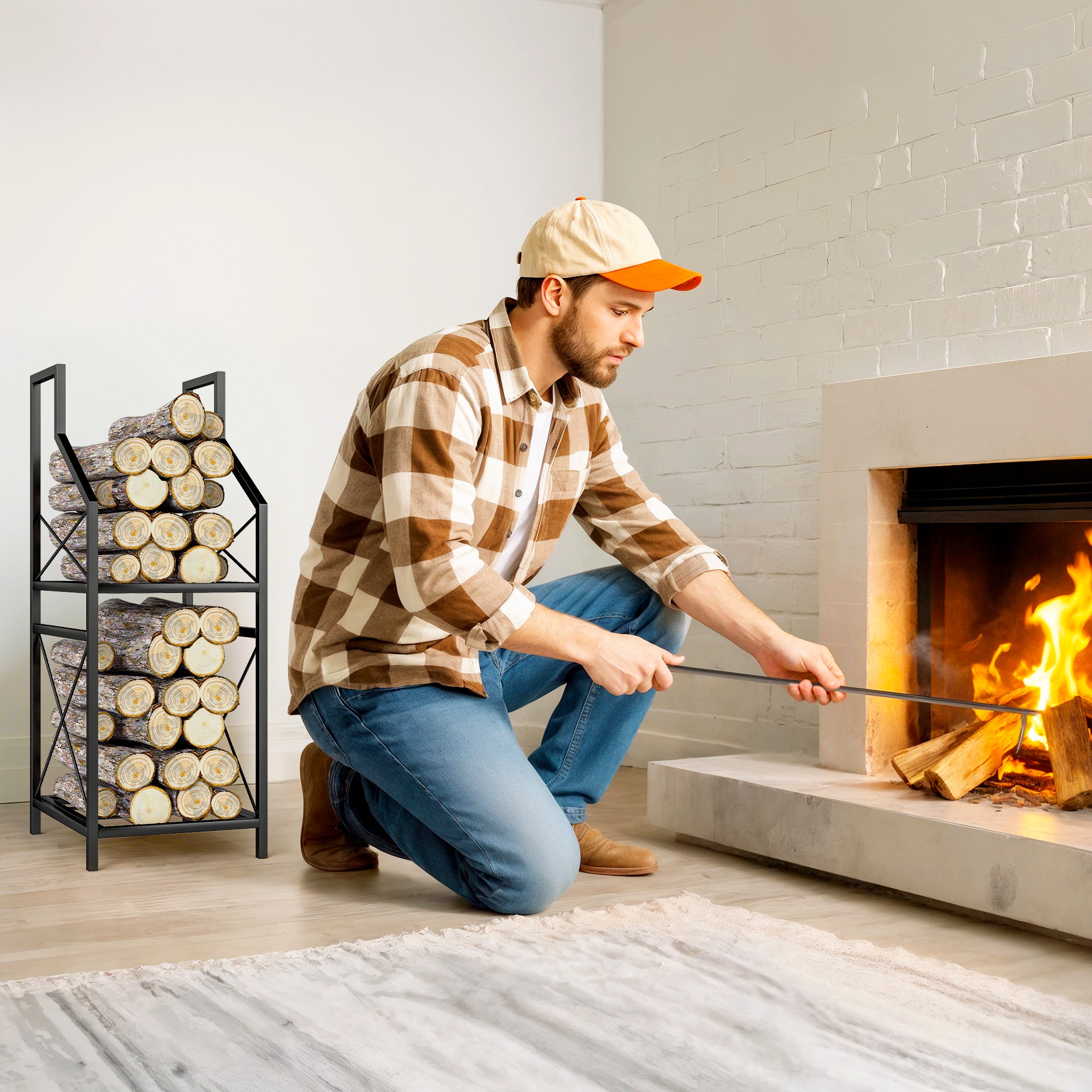 2-Tier Metal Firewood Rack with Raised Base, 34x30x80 cm, Black