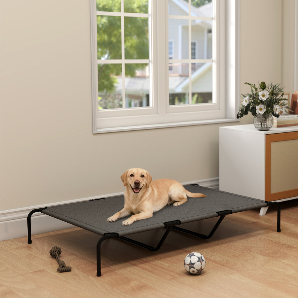 PawHut Raised Outdoor Dog Bed for Large Dogs, Made of Steel and Breathable Mesh, 152 x 94 x 23 cm, Grey