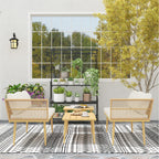 PE Rattan Outdoor Lounge Set with 2 2-Seater Sofas with Cushions and 2 Coffee Tables, Wood Color