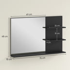 Modern Bathroom Mirror with 2 Side Shelves and Bottom Shelf, in Wood and Glass, 75x10x48 cm, Black