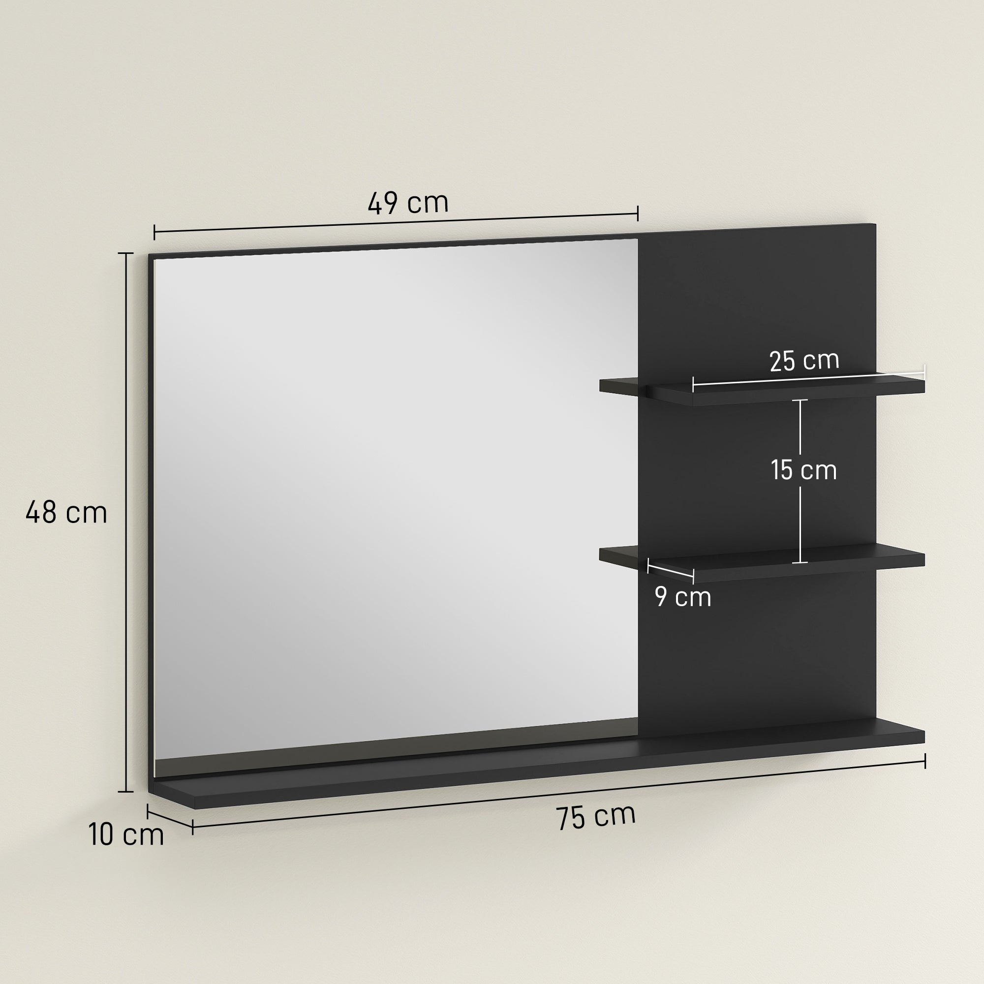 Modern Bathroom Mirror with 2 Side Shelves and Bottom Shelf, in Wood and Glass, 75x10x48 cm, Black