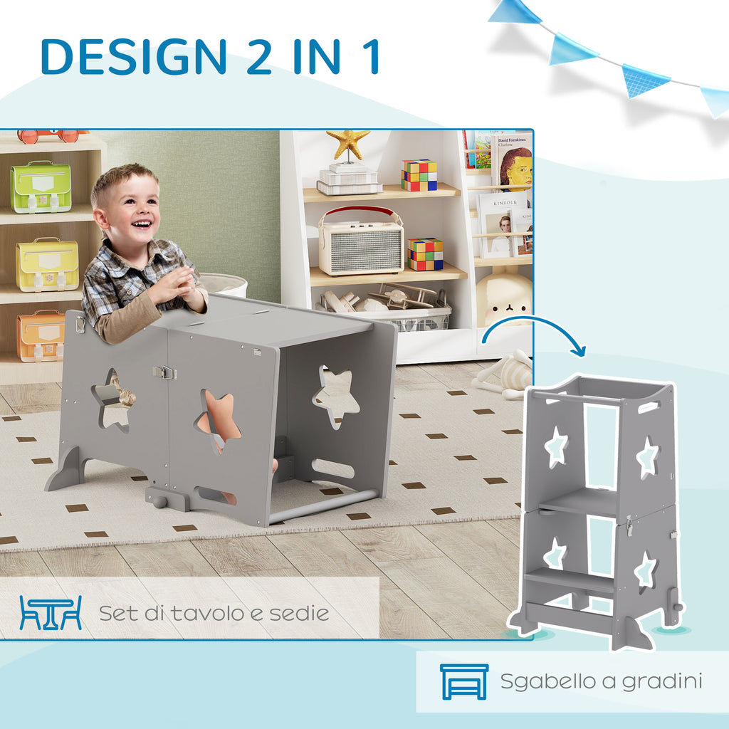 Montessori Ladder Convertible to Table and Chair Set with Safety Bar, Wooden, 60x44.5x86 cm, Grey