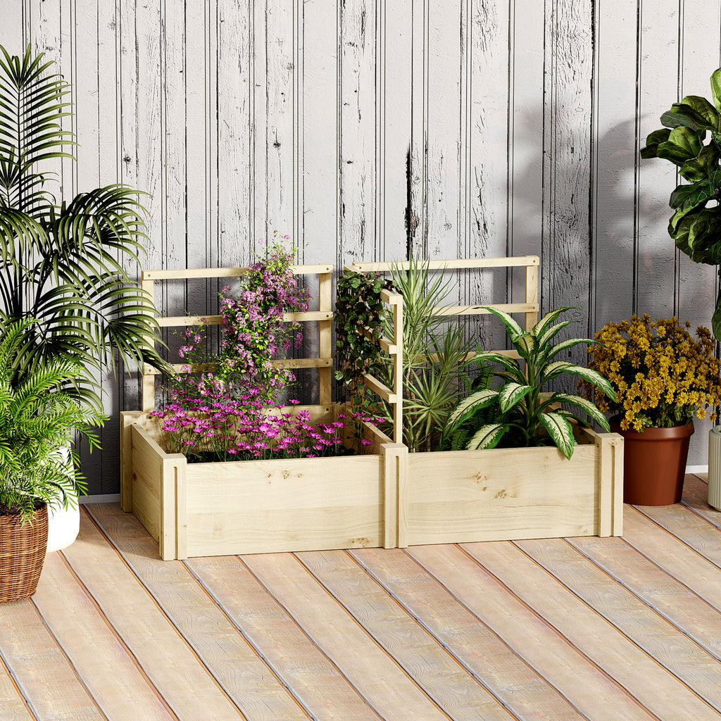 Garden Bed with 3 Trellis and 2 Fir Wood Planters with Open Bottom, 119x62.5x64 cm, Wood Color
