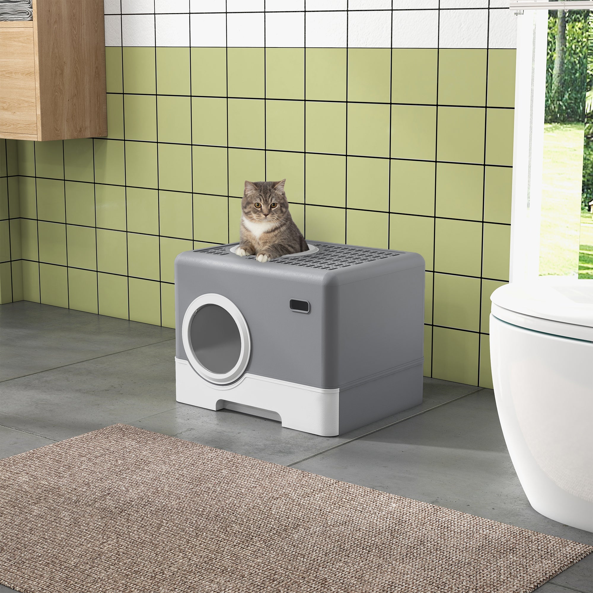 Cat Litter Box with Lid and Scoop, Double Entrance and Removable Tray, 52x41x38.5 cm, Grey