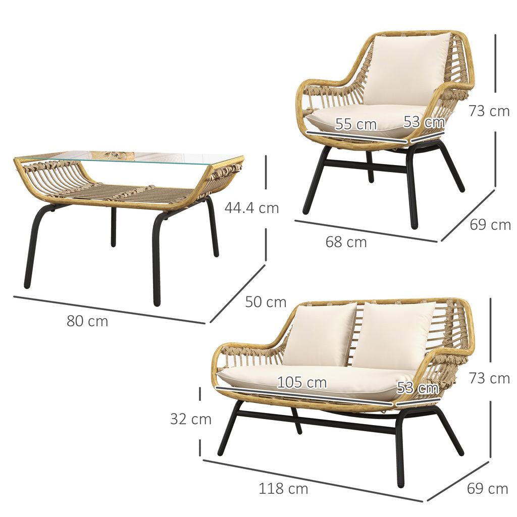 4-piece garden set in PE rattan and metal with sofa, 2 chairs and coffee table, Beige