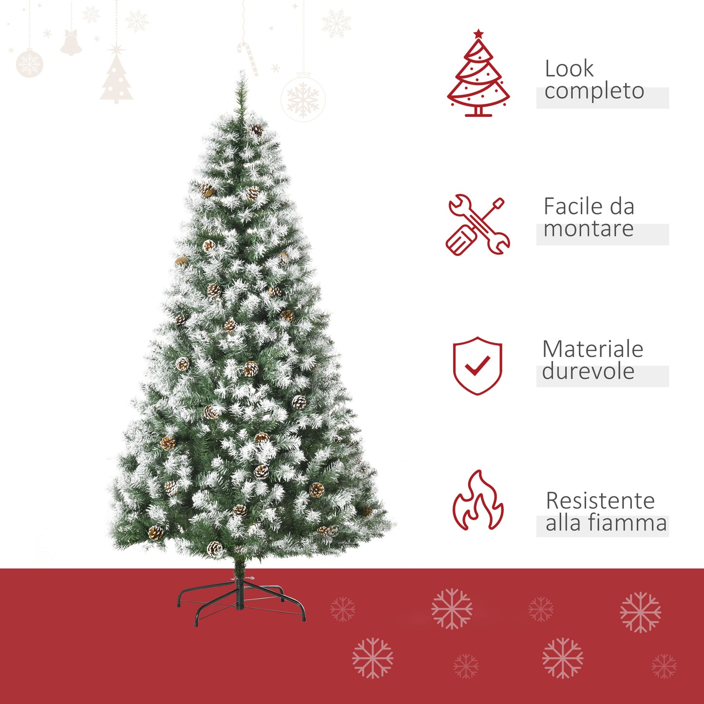 CHRISTMAS TREE - 180cm Artificial Snowy Christmas Tree with 800 Branches and Pine Cones, Automatic Opening and Folding Base, Green