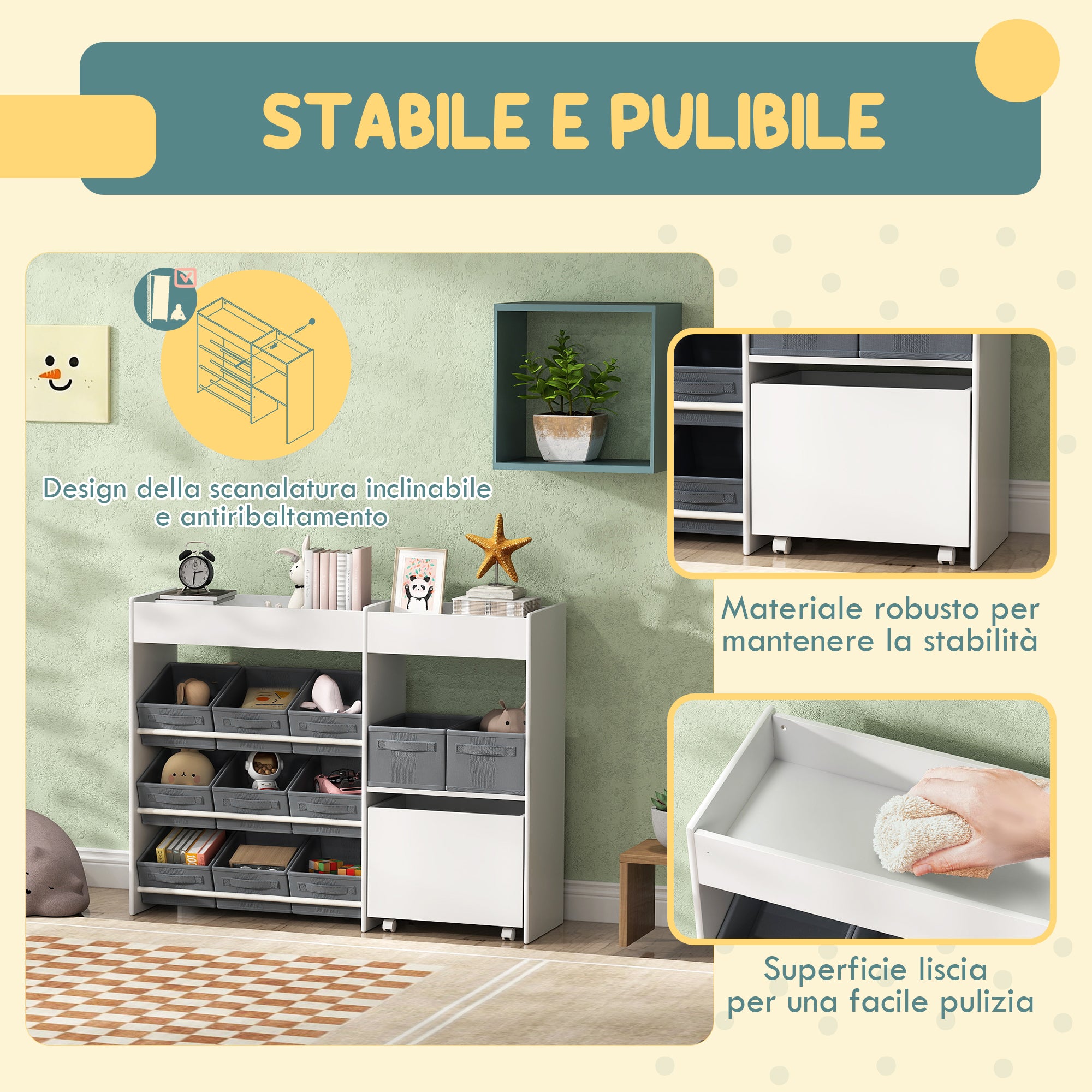 Children's Toy Storage Cabinet with 11 Fabric Baskets, Cabinet and Shelves, 105x30x80 cm, White