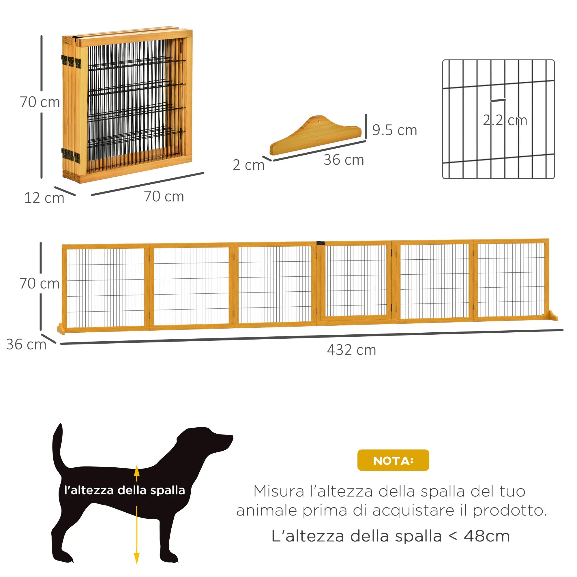Wooden and Steel Dog Gate for Small/Medium Size Dogs with 6 Folding Panels, 432x36x70cm - Borge' Group Limited