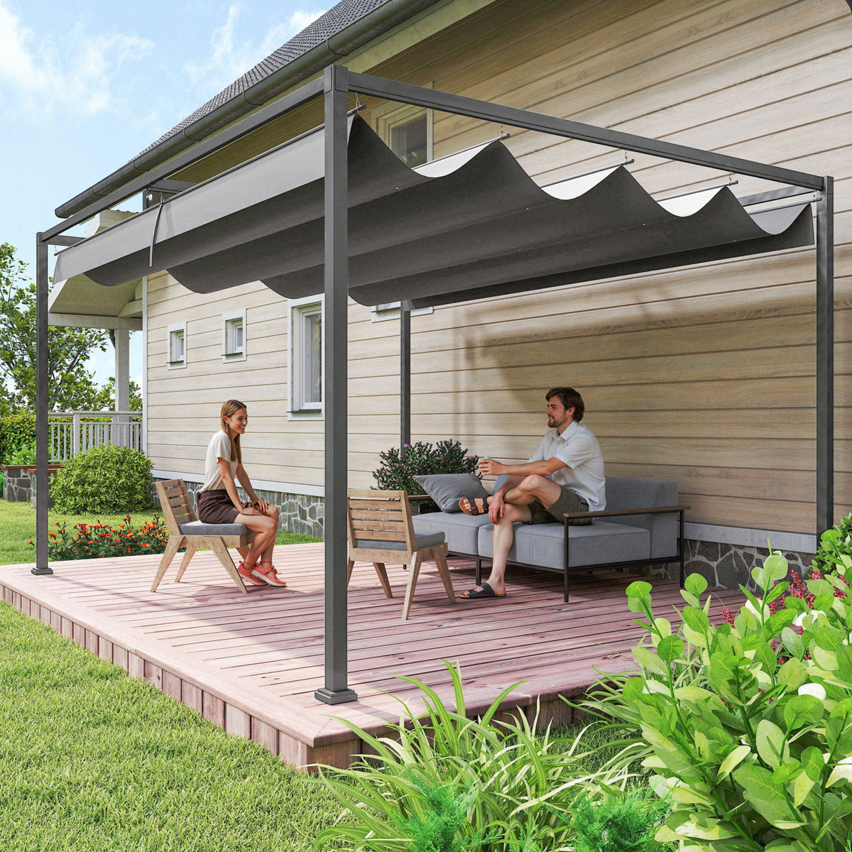 Outsunny Pergola Outdoor Gazebo 4x3 m with Retractable Metal and Polyester Canopy, Dark Grey