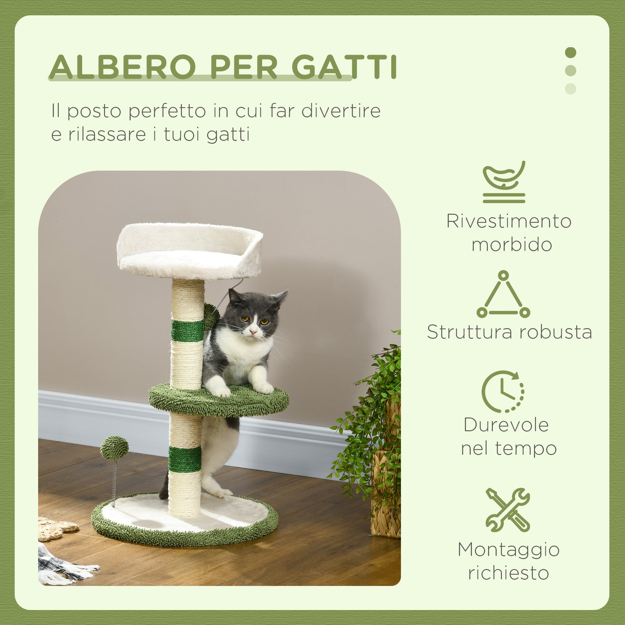 Cat Tree with Cat Bed, 2 Balls, Platform and Sisal Post, Green and White