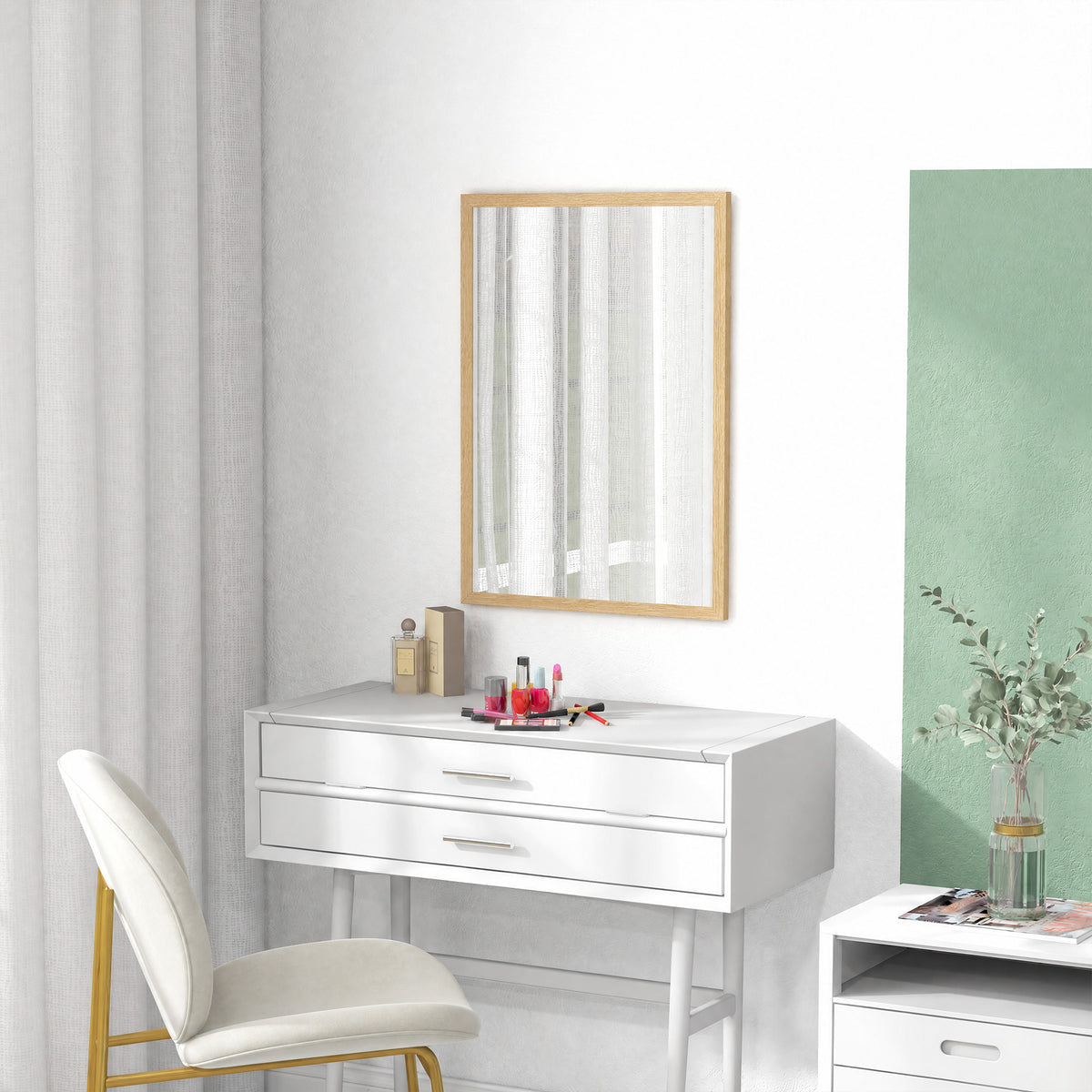 HOMCOM Rectangular Wall Mirror with Hooks, Glass and MDF Wall Mirror, 50x70 cm, Wood Color