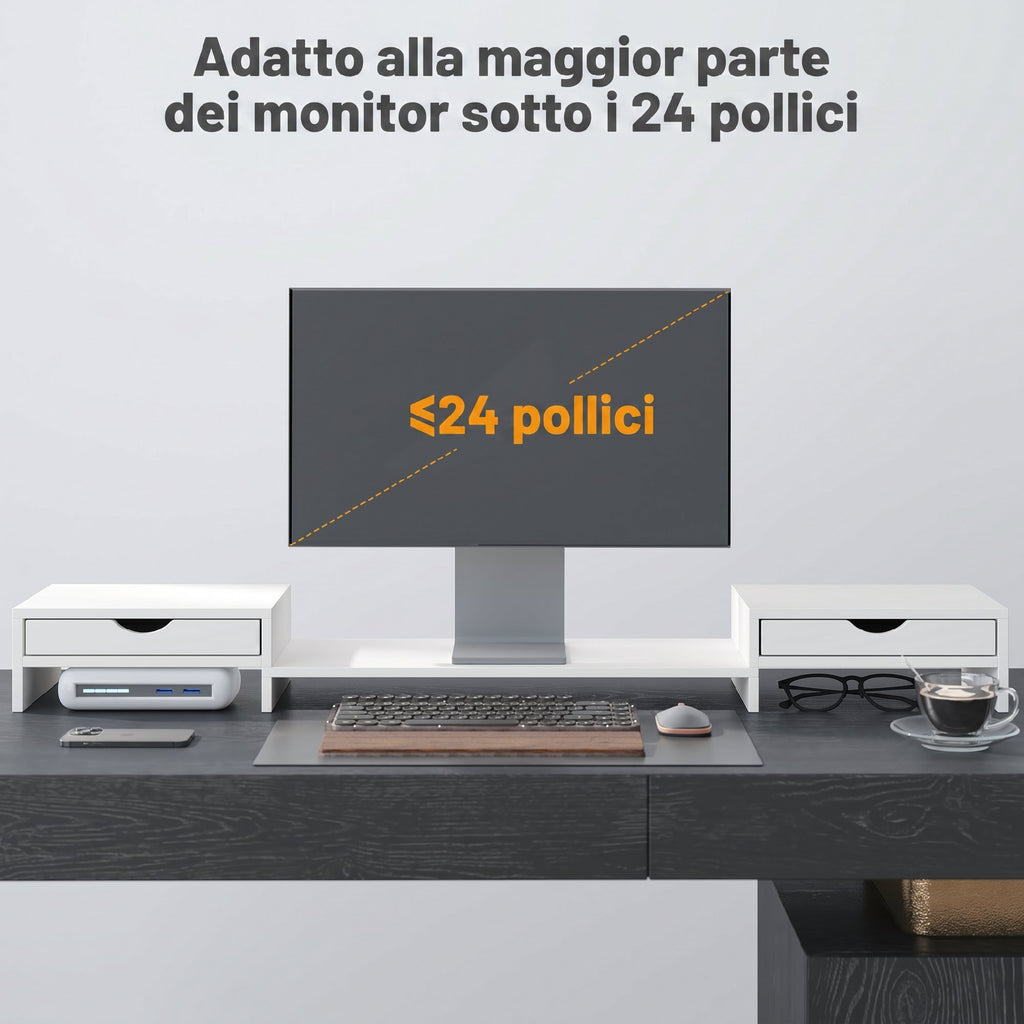 HOMCOM Desk Monitor Stand with 2 Drawers, 3 Spaces Below, Up to 14kg, 60-116x22x12cm, White