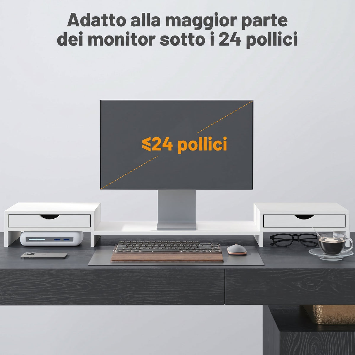 HOMCOM Desk Monitor Stand with 2 Drawers, 3 Spaces Below, Up to 14kg, 60-116x22x12cm, White