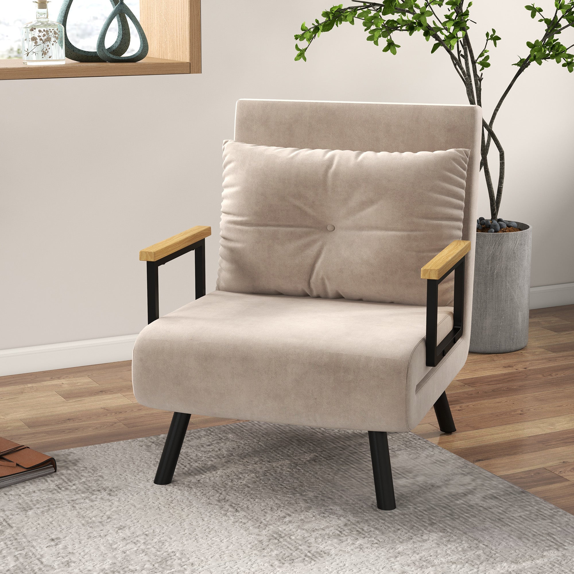3-in-1 Reclining Armchair with Cushion, Velvet Fabric, 63x73x81 cm, Beige