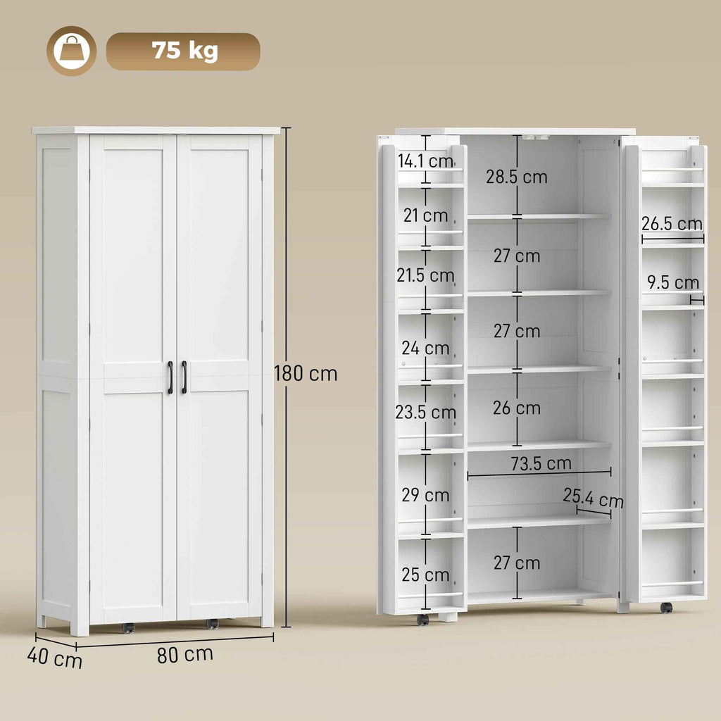 HOMCOM Tall Kitchen Cabinet with Wheels, 2 Doors, 14 Compartments, 80x40x180 cm, White