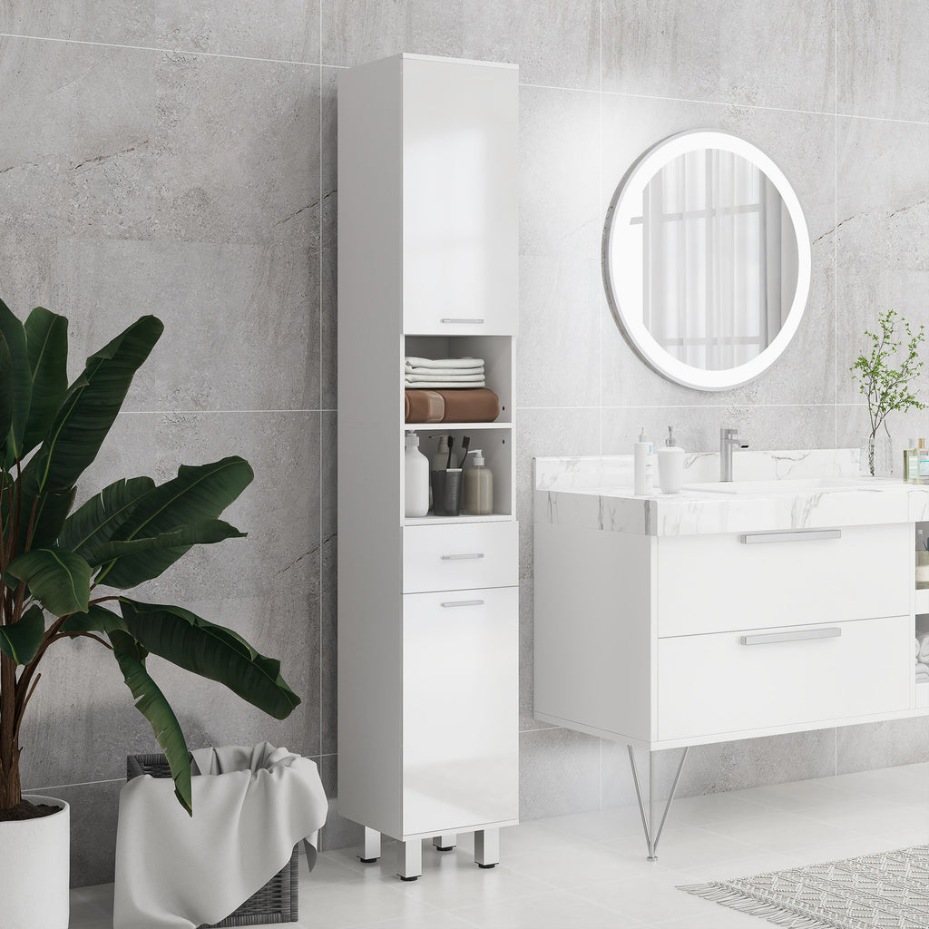kleankin Bathroom Column with Drawer, 2 Open Shelves and 2 Double-Tier Cabinets, Made of Wood, 30x30x180 cm, Gloss White