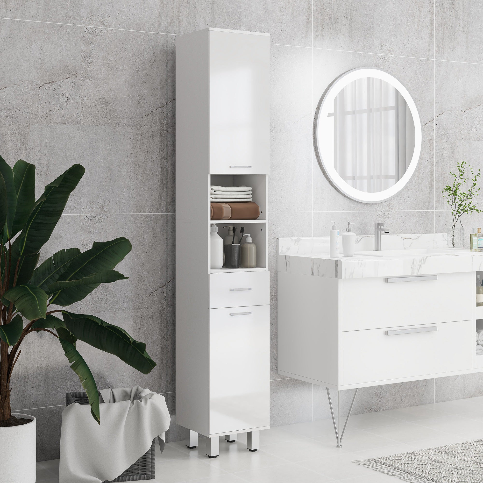 kleankin Bathroom Column with Drawer, 2 Open Shelves and 2 Double-Tier Cabinets, Made of Wood, 30x30x180 cm, Gloss White