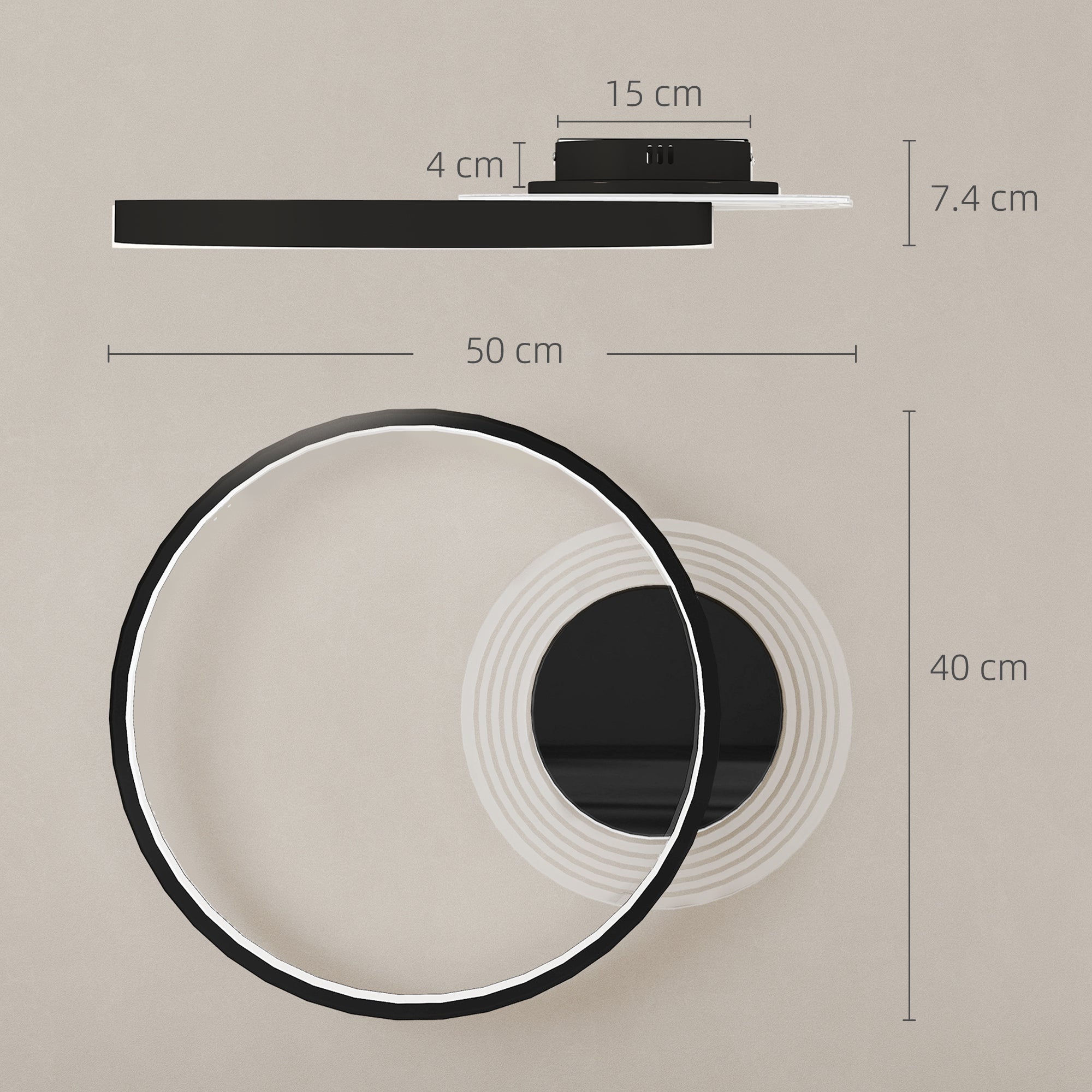 Modern 2-Ring LED Ceiling Light with Adjustable Brightness, 30W Power, Black